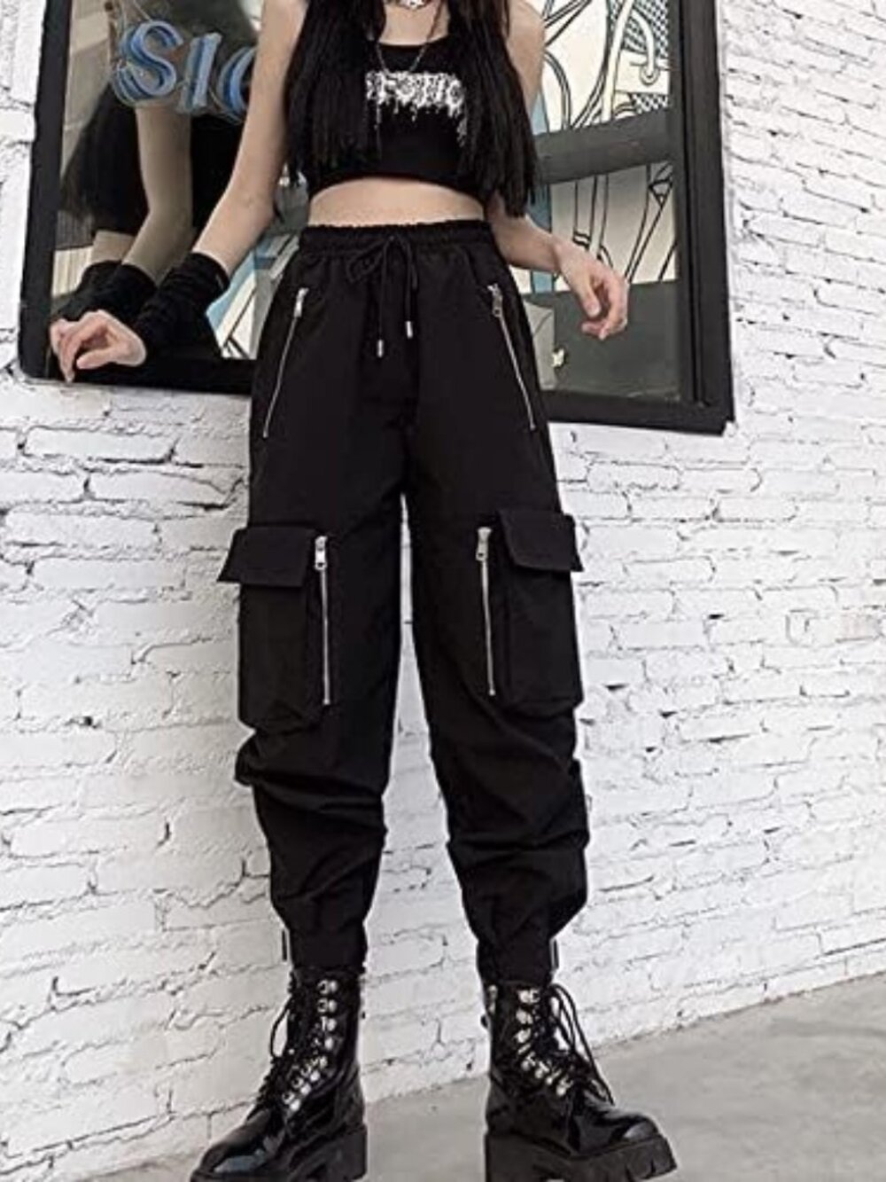 Black Cargo Pants Women Loose Chained Multi-Pocket Multi-Zip Punk Goth Pants - Picture 3 of 7